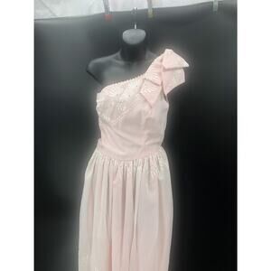 Joy Stevens Vintage Eyelet Lace 1980s Embroidered One Shoulder Dress Pink